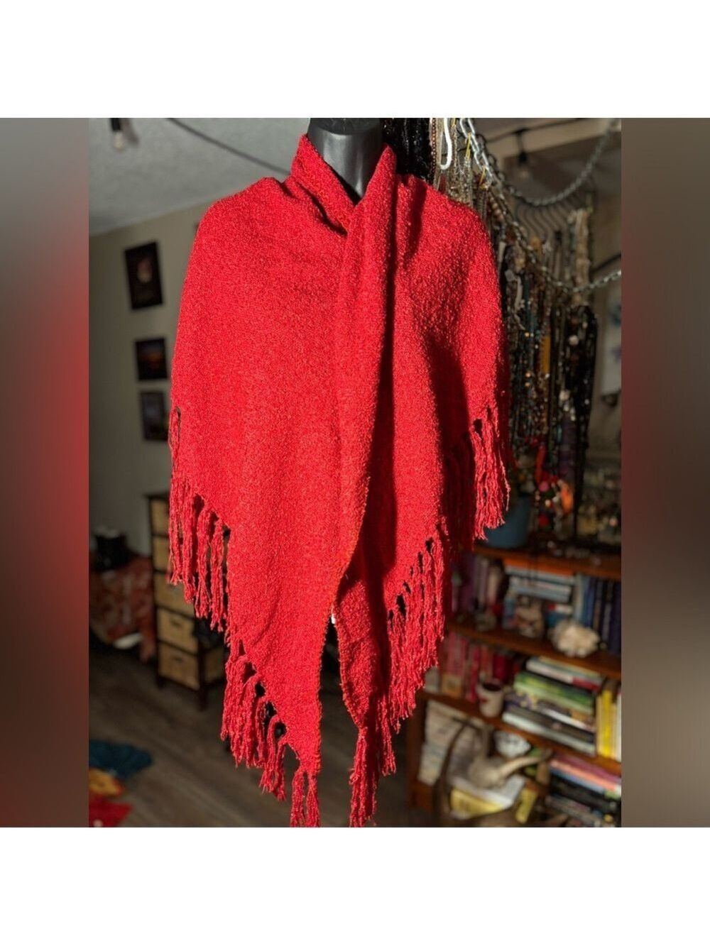 Luxury Red Fringe Triangle Shawl • Cozy Wrap • Soft Textured Knit • 77.5in Drape